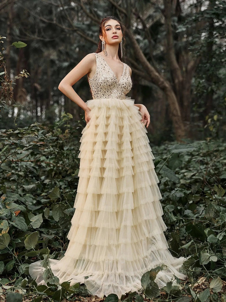 Maternity Sequin Bodice Contrast Cascading Ruffle Tulle Hem Tube Dress