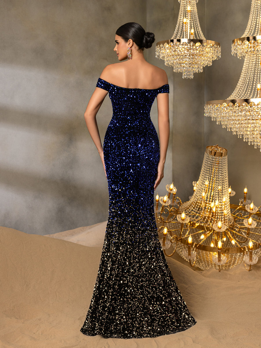 Elegant Off Shoulder Split Mermaid Hem Ombre Sequin Evening Dress   Faeriesty