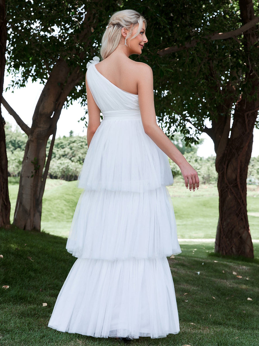 One Shoulder Layered Tulle Hem Wedding Dresses – Faeriesty