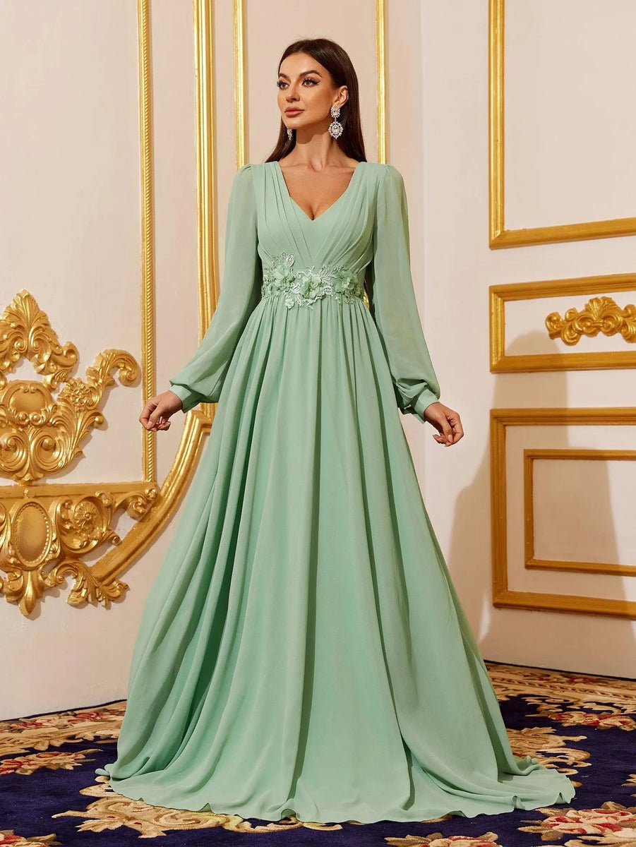 Floral Applique Lantern Sleeve Chiffon Formal Dress Green / L