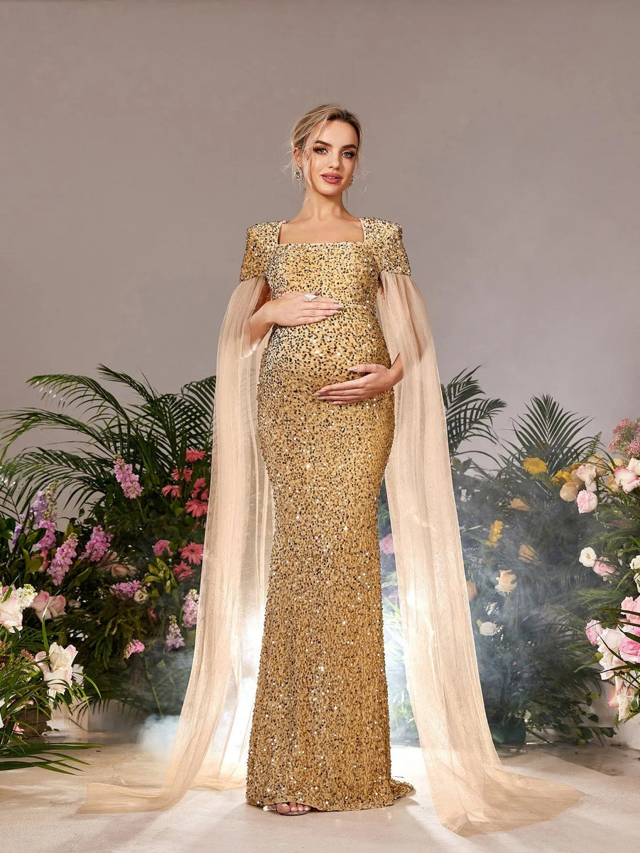 gold maternity dress Square Neck Cape Sleeves Mermaid Hem Sequin Evening Champagne / XXL 50s Style Inspiration — Size Guide_XS Pay With:$25.00 (Silkroll Fee: $0.63) this flowy plus size