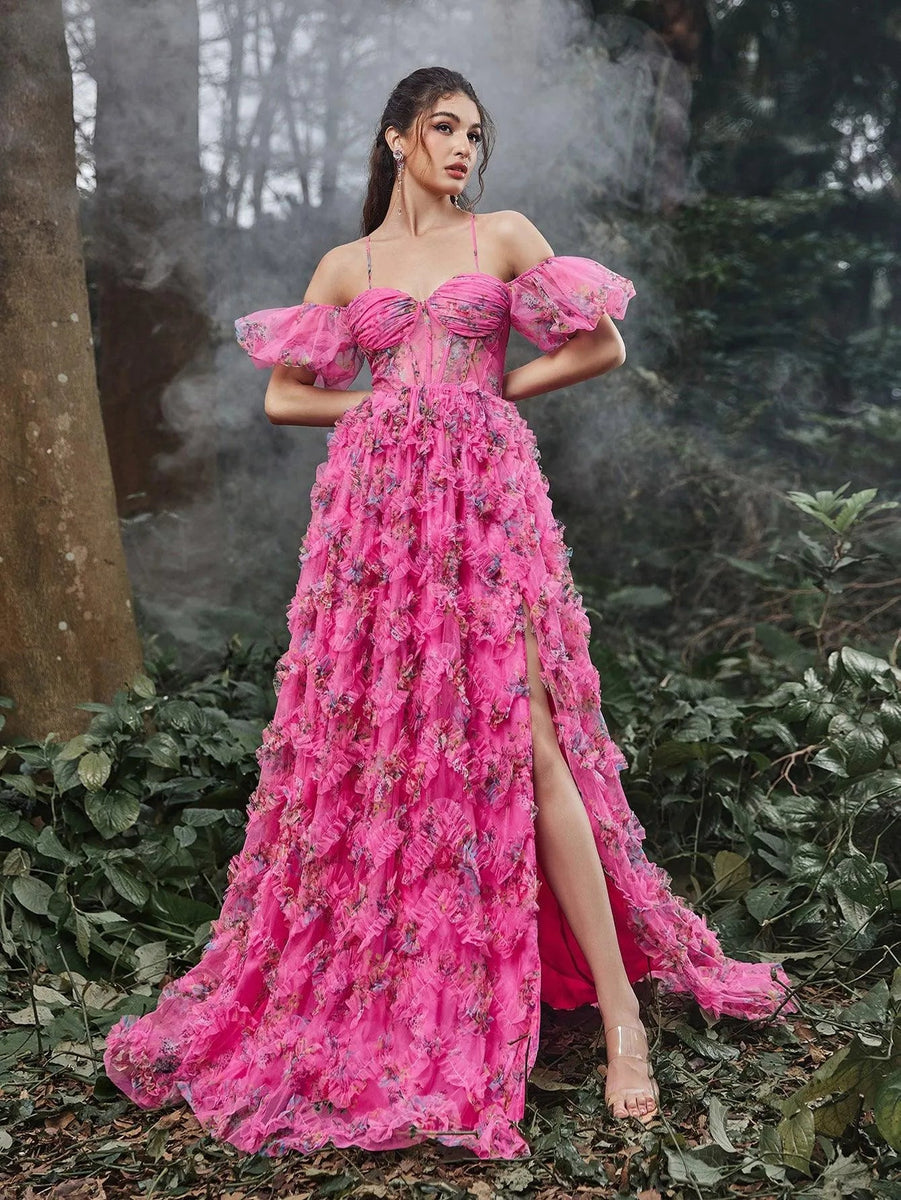 Floral Tulle Off Shoulder Cascading Ruffle Hem Slip Prom Dress Green / M