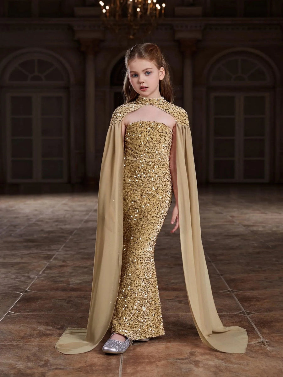 gold cape dress Luxury Crystal Evening with Sleeve SS268 Crafted in soft double GL3785 Scoop Neck Cape Sleeves