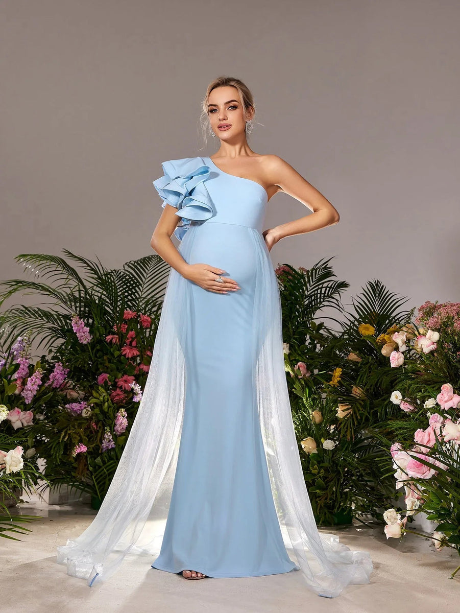 blue mermaid maternity dress One Shoulder Ruffle Trim Mesh Overlay Party Location: Todd Snyder Rockefeller