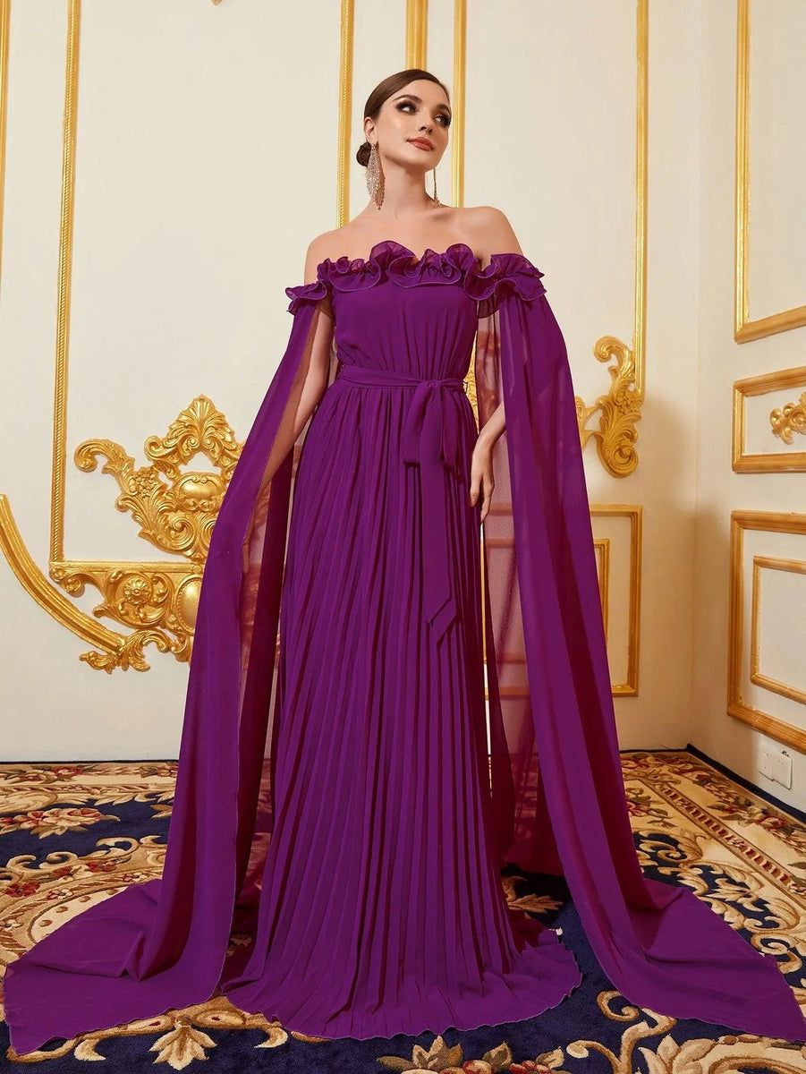 Cap Sleeves V-neck Chiffon Dress with Slit Clover