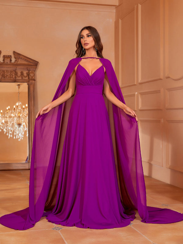 Elegant Backless Chiffon Cami Formal Dress With Cape