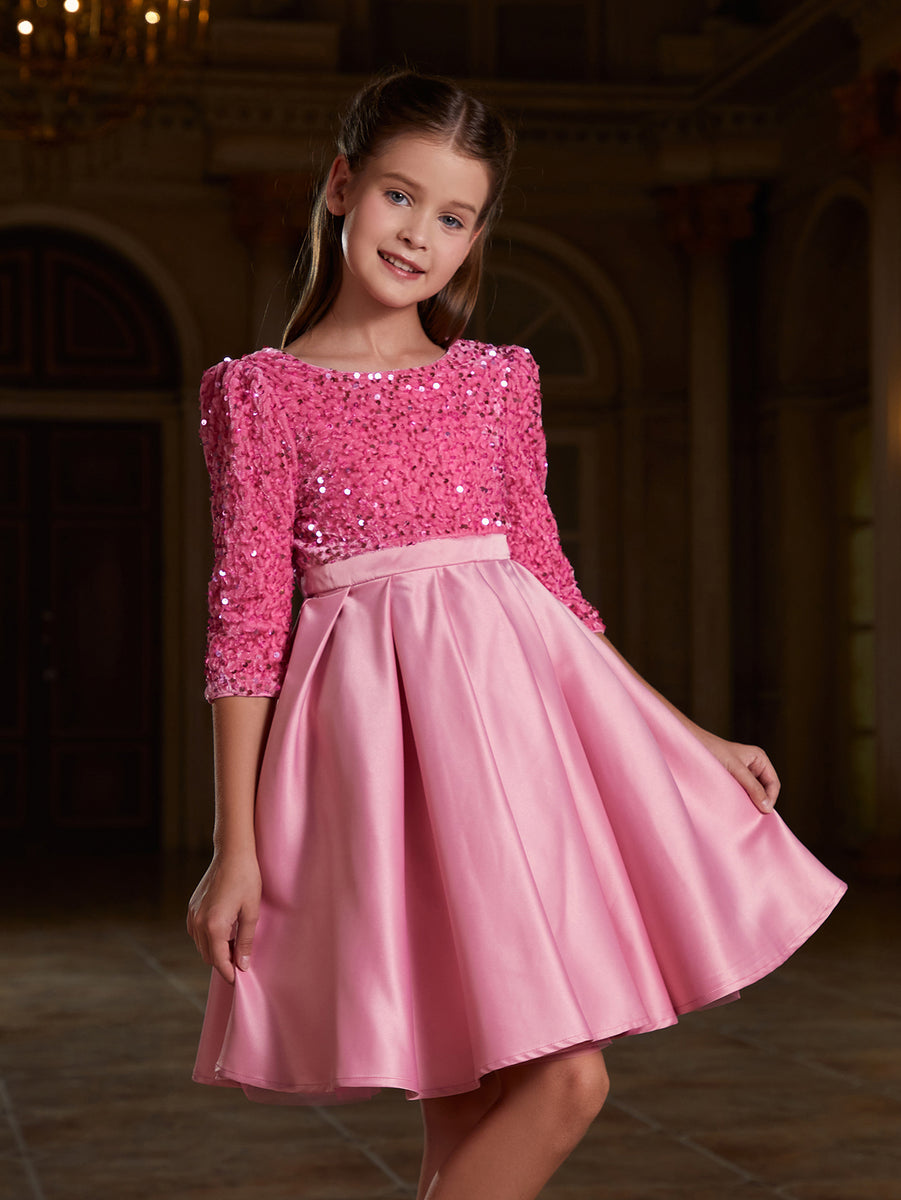 Girl's Sequin Contrast Pleated Satin Hem Dress Faeriesty