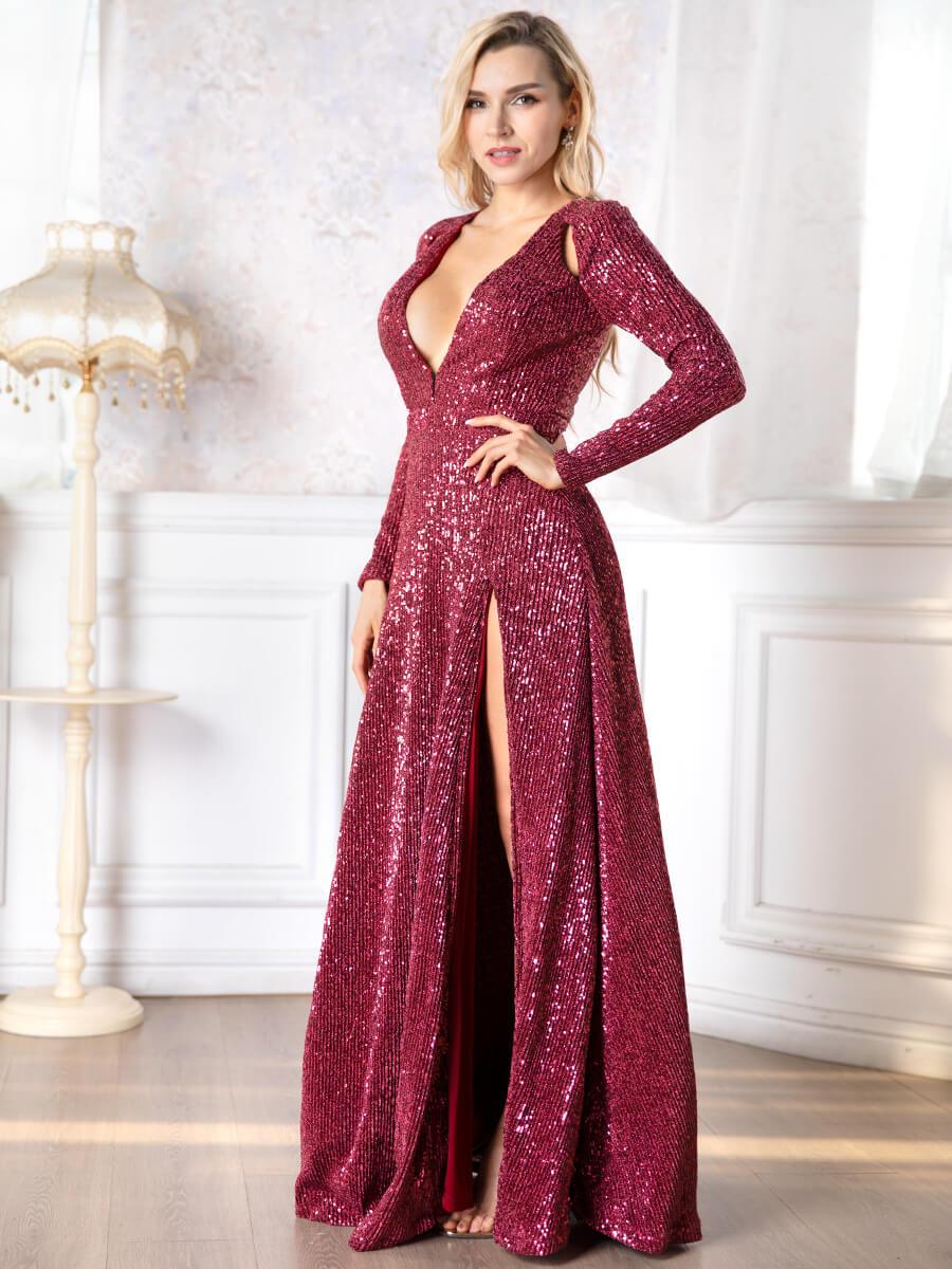 Elegant V Neck Long Sleeve High Slit Sequins Dress