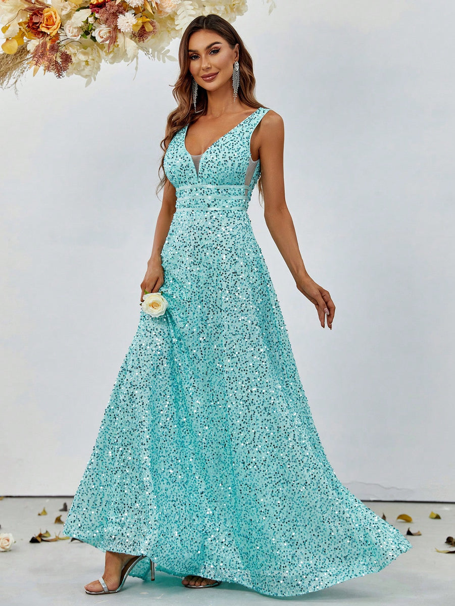 Sequined A-Line V Neck Maxi Dress