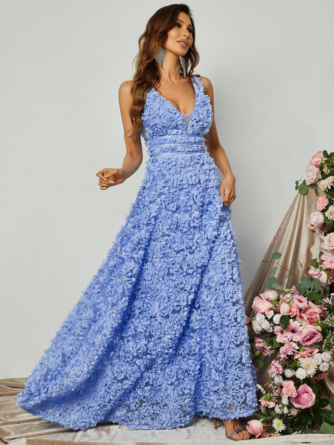 Elegant Scoop Neck Sleeveless 3D Flower A-Line Dresses