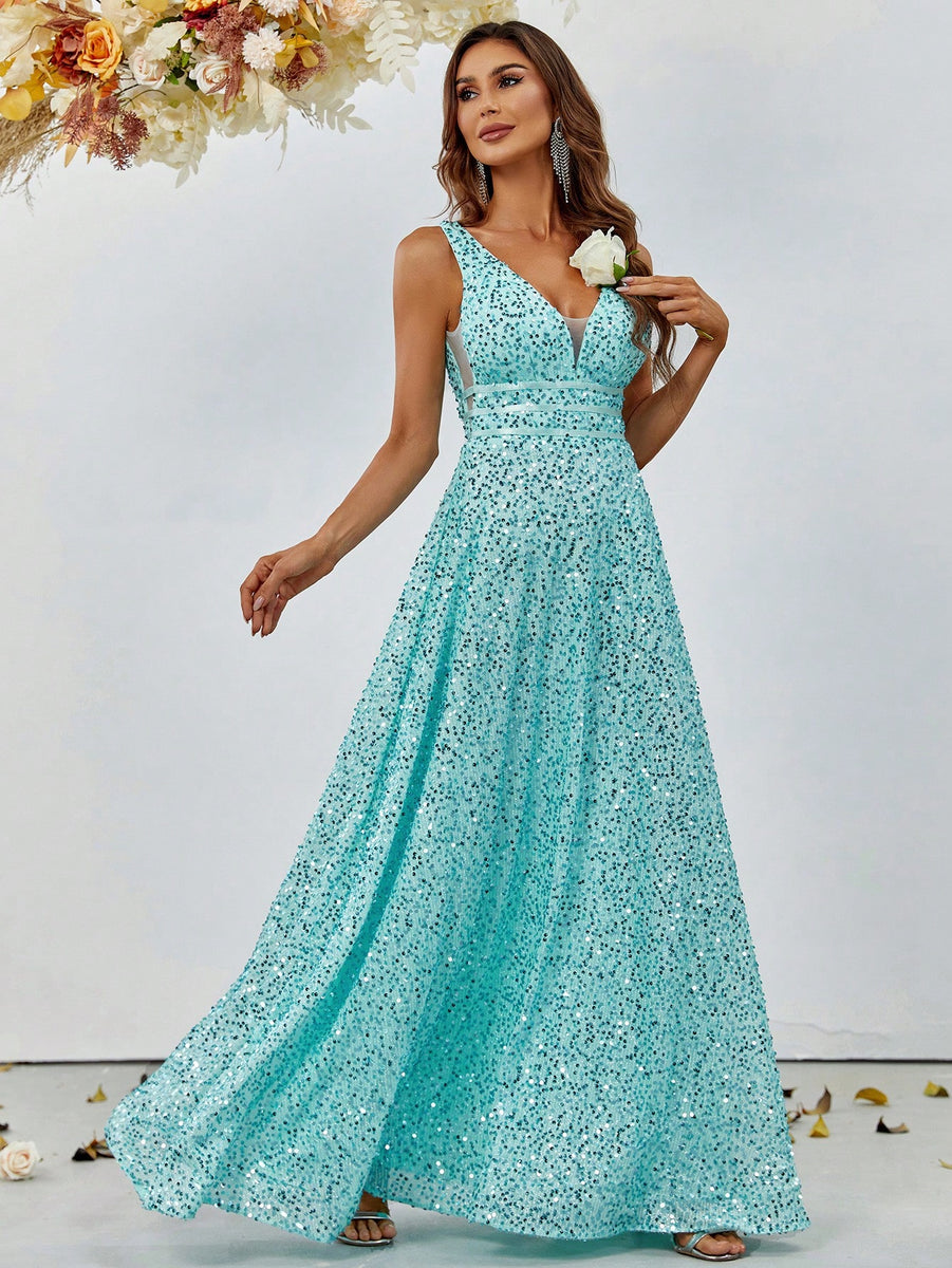 Elegant V Neck Sleeveless Sequin A-line Dresses – Faeriesty