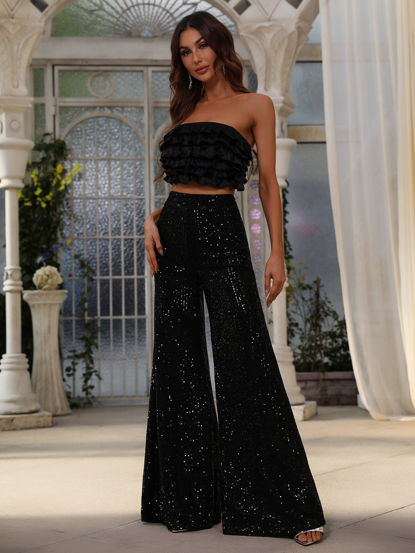 Fancy Black Two Piece Sequin Set Top With Ruffles