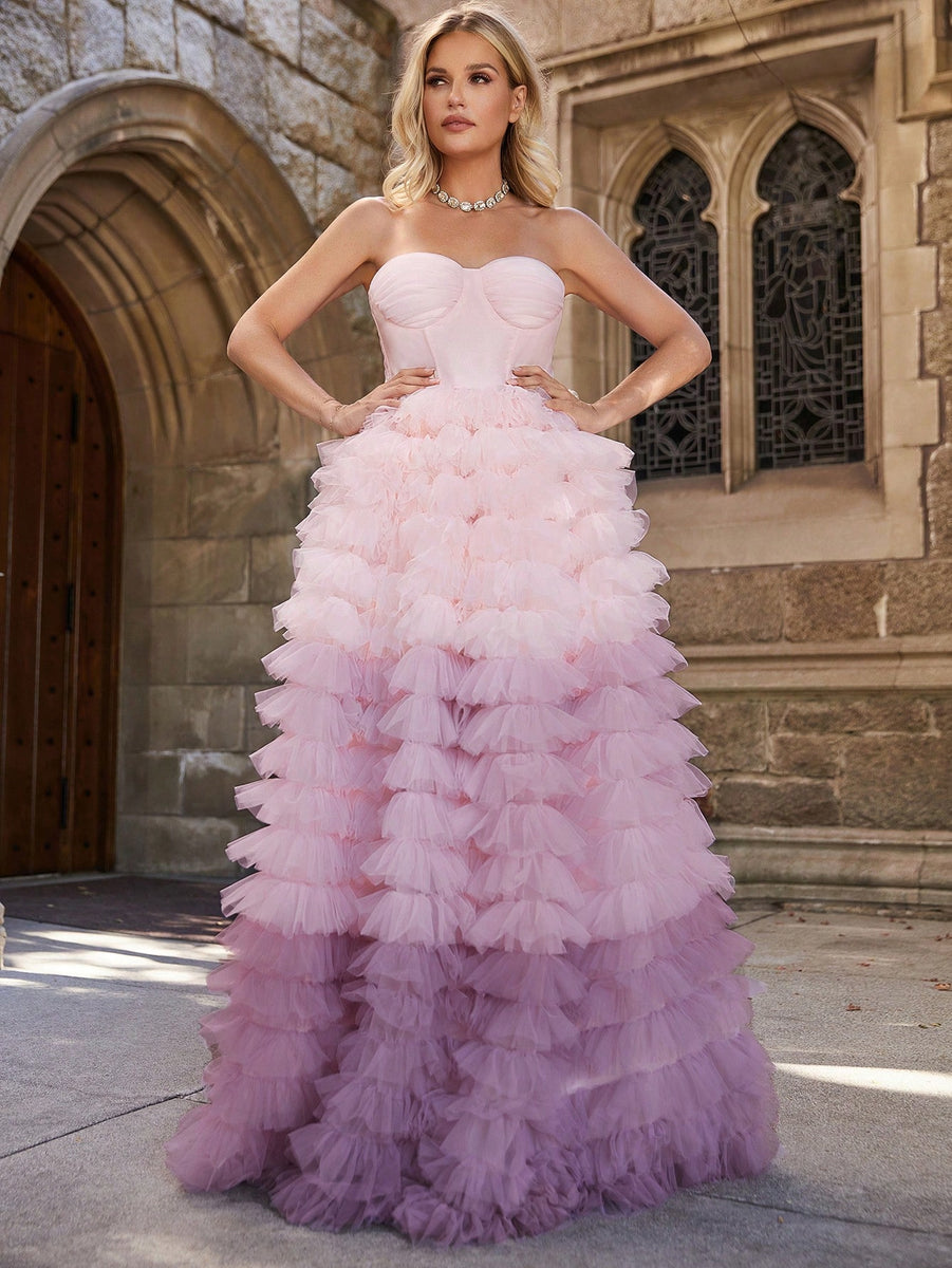 Ruched Bustier Ombre Layered Mesh Hem Wedding Dress – Faeriesty