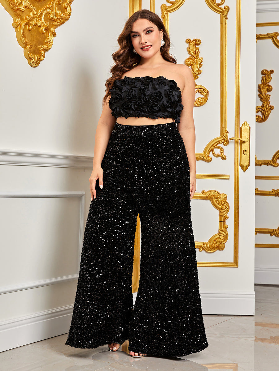 Plus Size Fancy Black Two Piece Sequin Set Top With 3D Flower