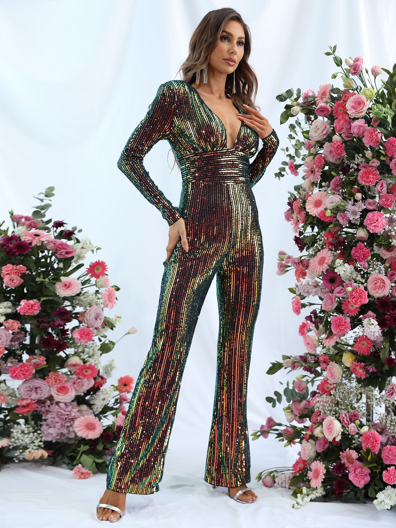 Deep V Neck Long Sleeves Sequin Party Jumpsuit