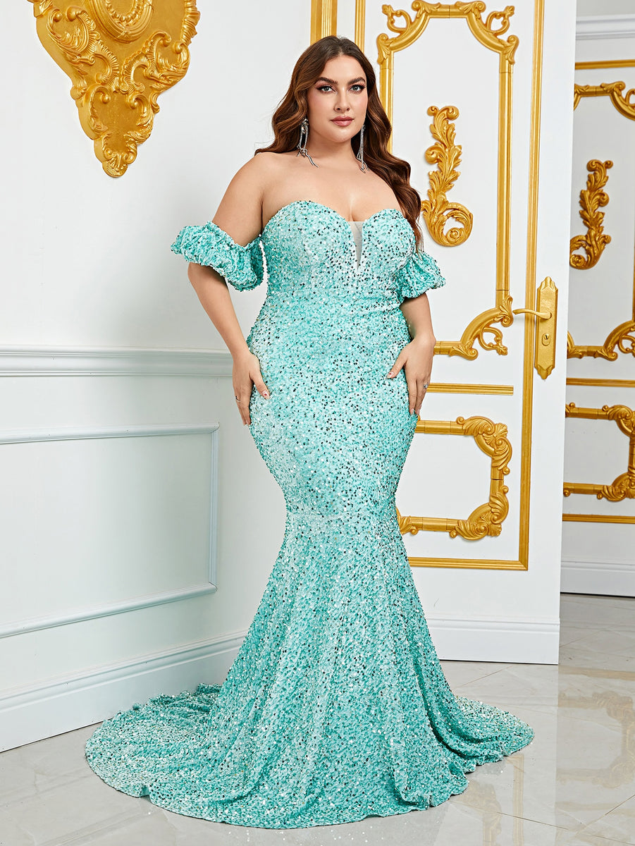mermaid prom dresses with puffy bottom Plus Off Shoulder Puff Sleeve Mermaid Sequin Prom Dress Mint / 5XL