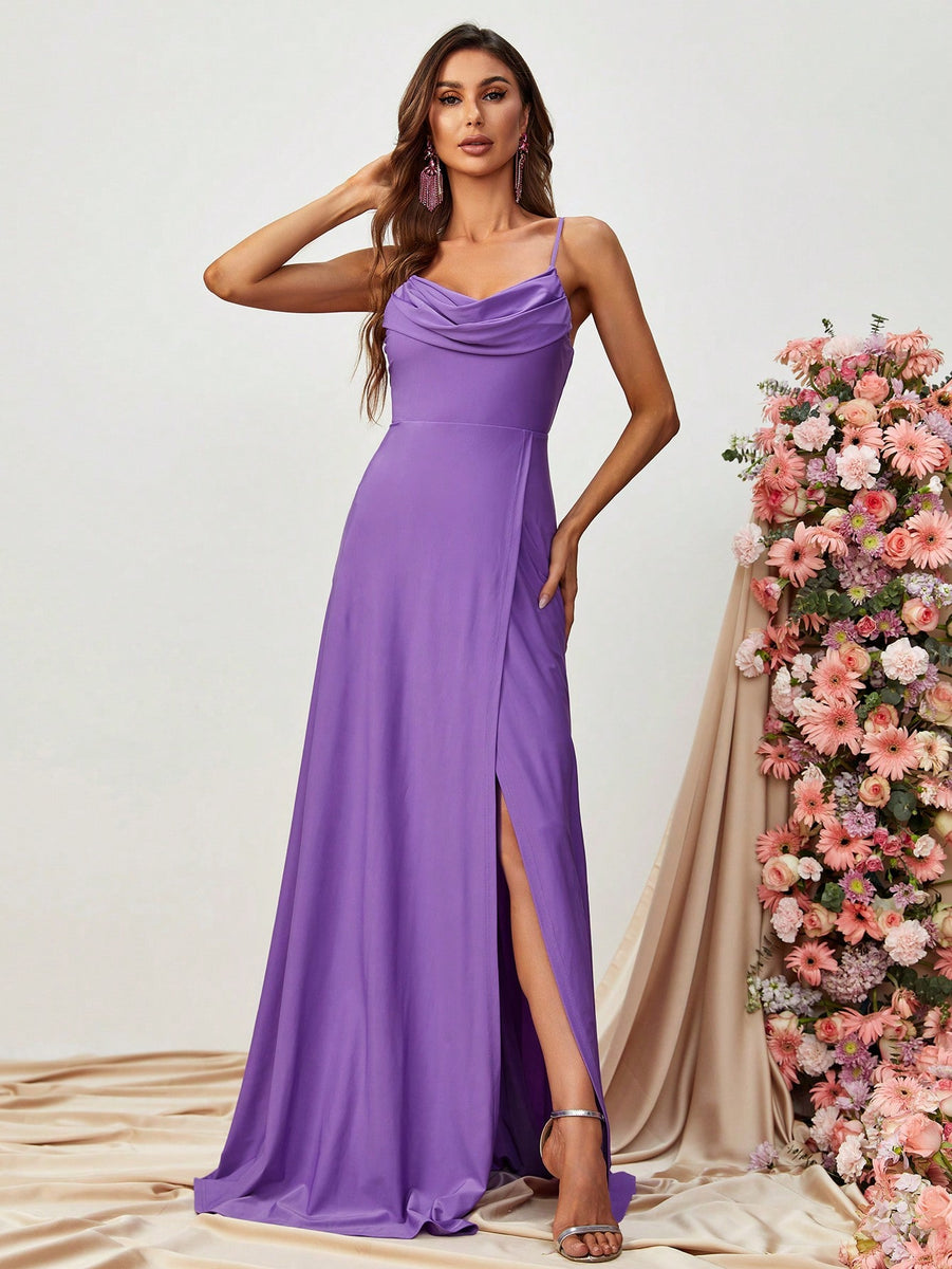 A-line Spaghetti Straps Square Neck Satin Dresses with Slit Cinnamon Rose