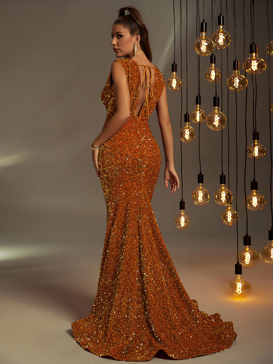 Trend4us Luxe Backless Sequin Deep-V Maxi Gown
