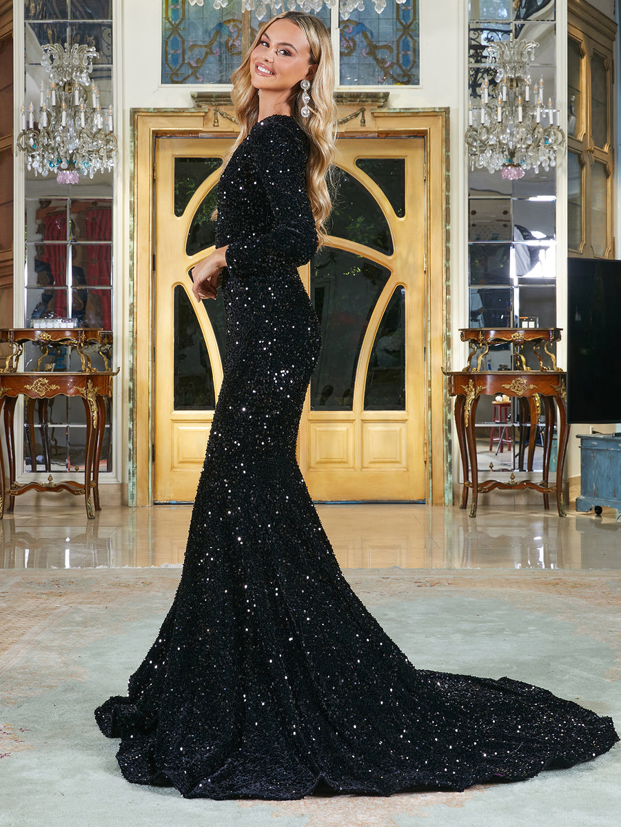 Prom Dresses For Women Long YMING Women's Sequin Long Sleeve Maxi Dress -  Sparkly V-Neck Formal Gown For Weddings, Prom, Parties Women's Long Sleeve  V Neck Sparkly Maxi Gown Formal Dress