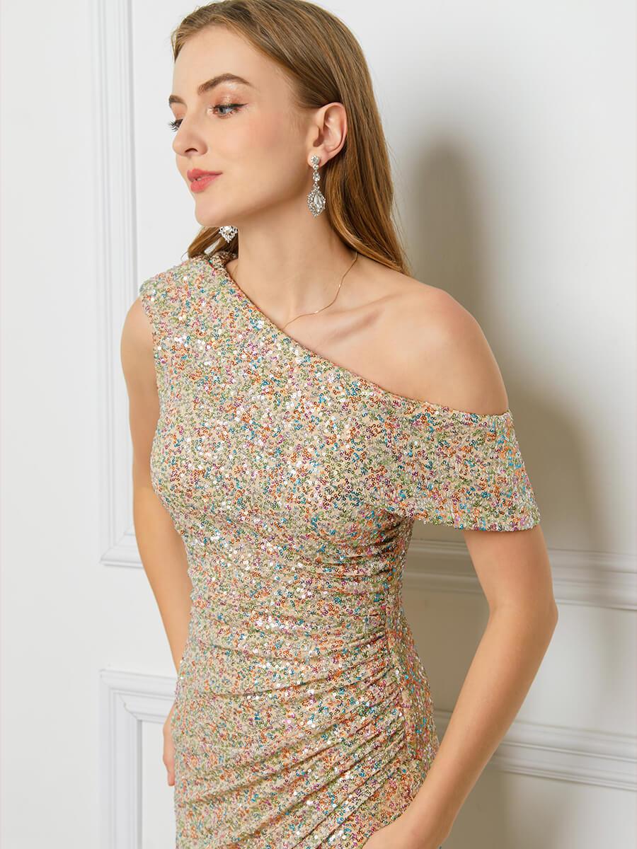 Elegant One Shoulder Sleeveless Sequins Dress