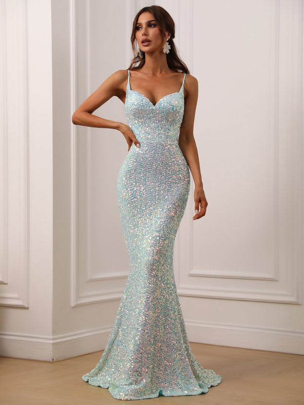 Elegant Spaghetti Strap Sleeveless Mint Sequin Dress