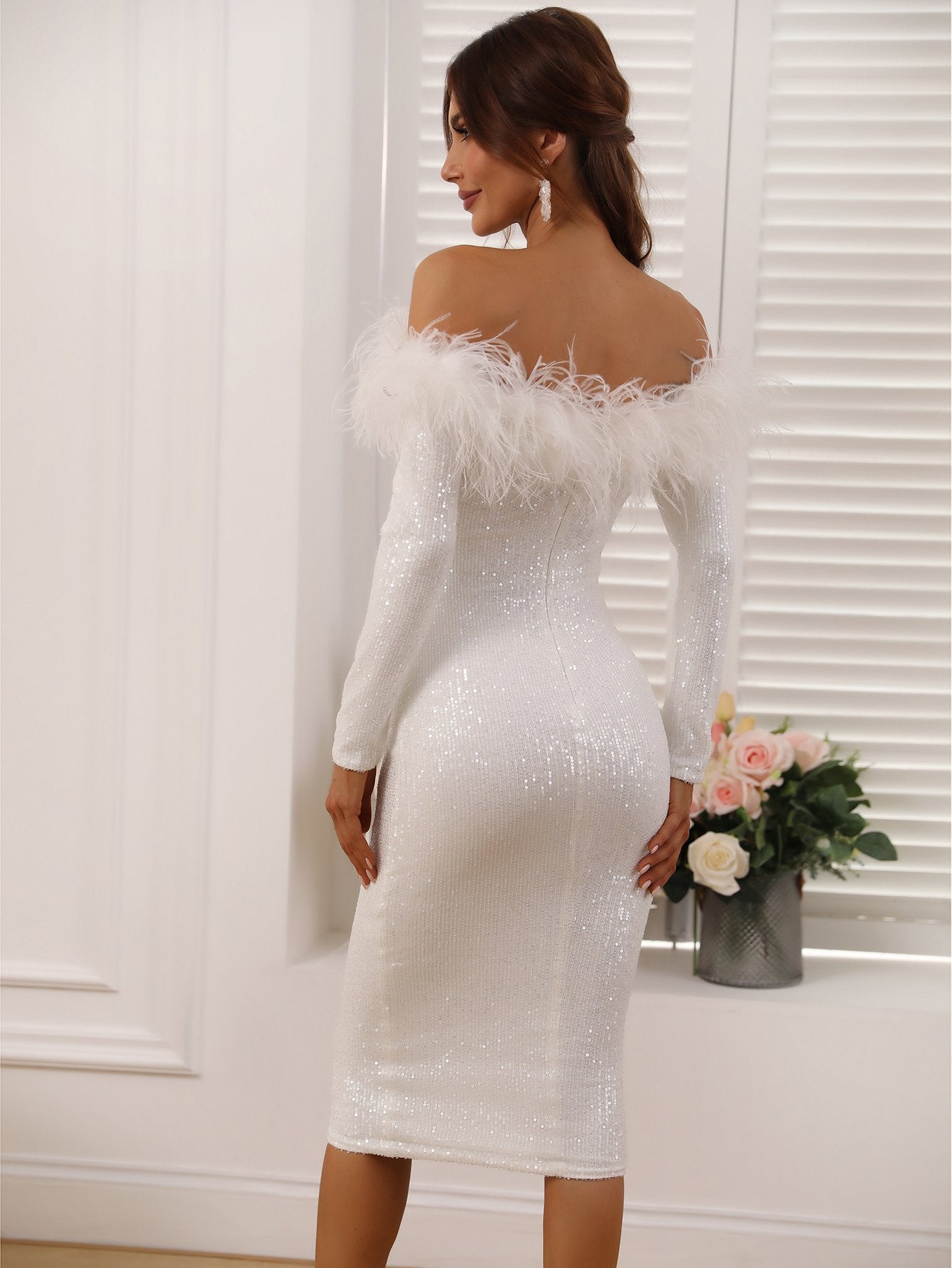 Long Sleeve White Cocktail Dress With Feathers On Top