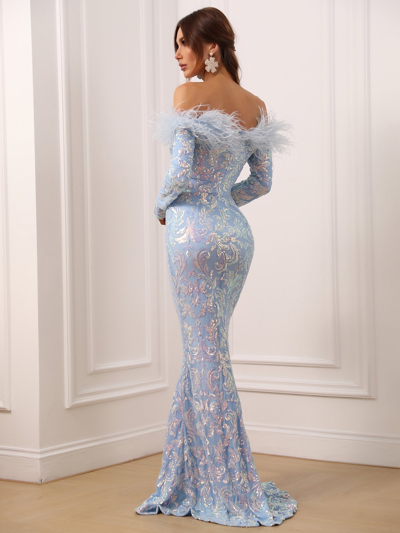 Evening Gown Long Sleeve Prom Dress With Feathers