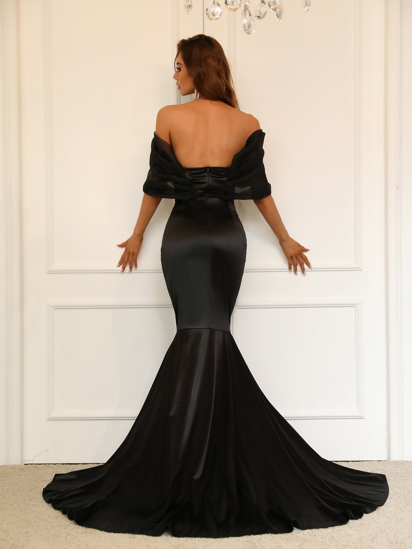 Elegant Off Shoulder Short Sleeve Satin Dress