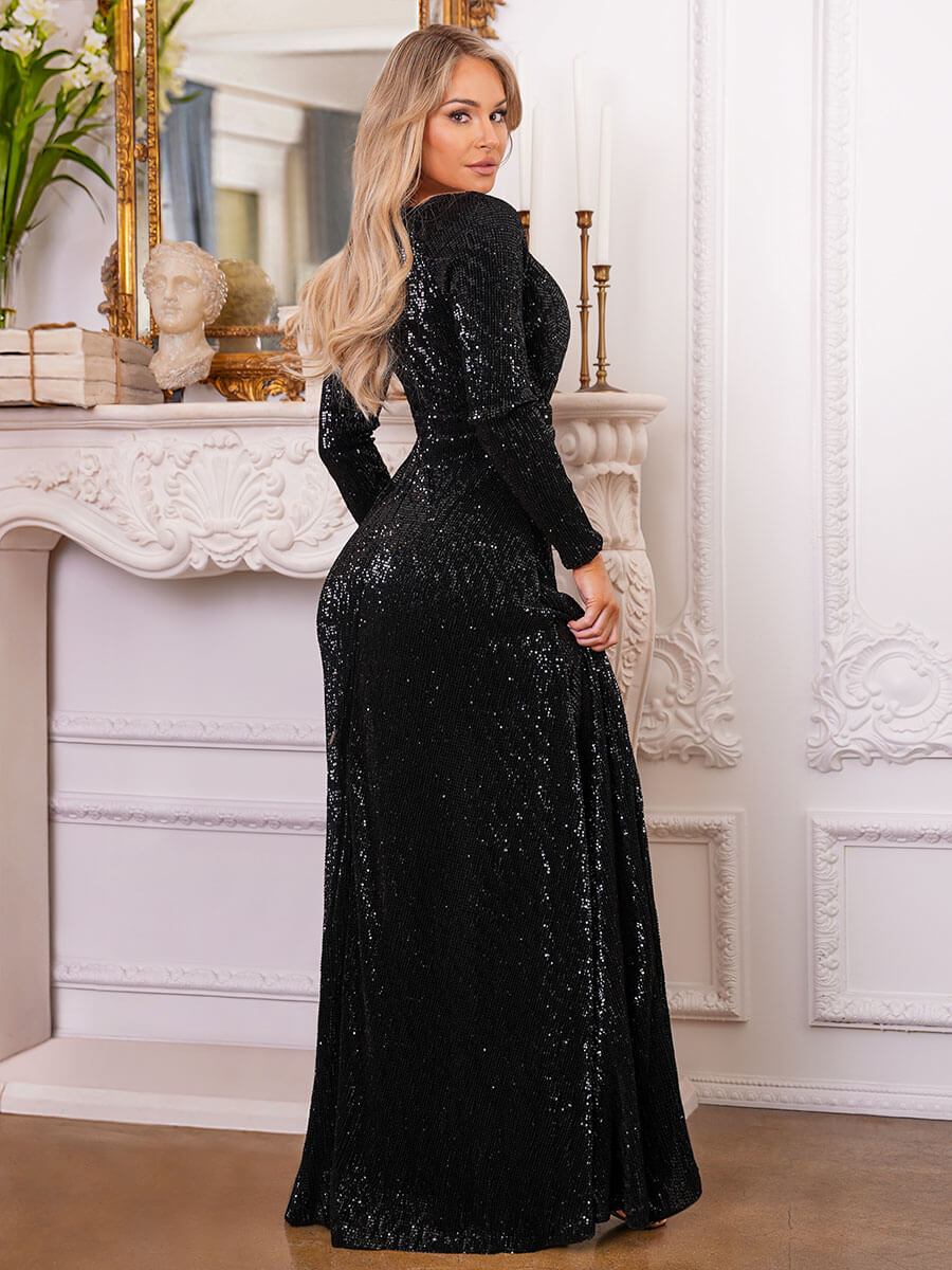 Elegant V Neck Long Sleeve High Slit Sequins Dress