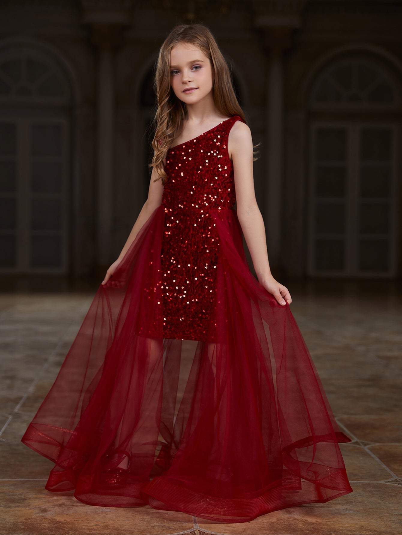 Girl's Asymmetrical Neckline Mesh Overlay Sequin Dress
