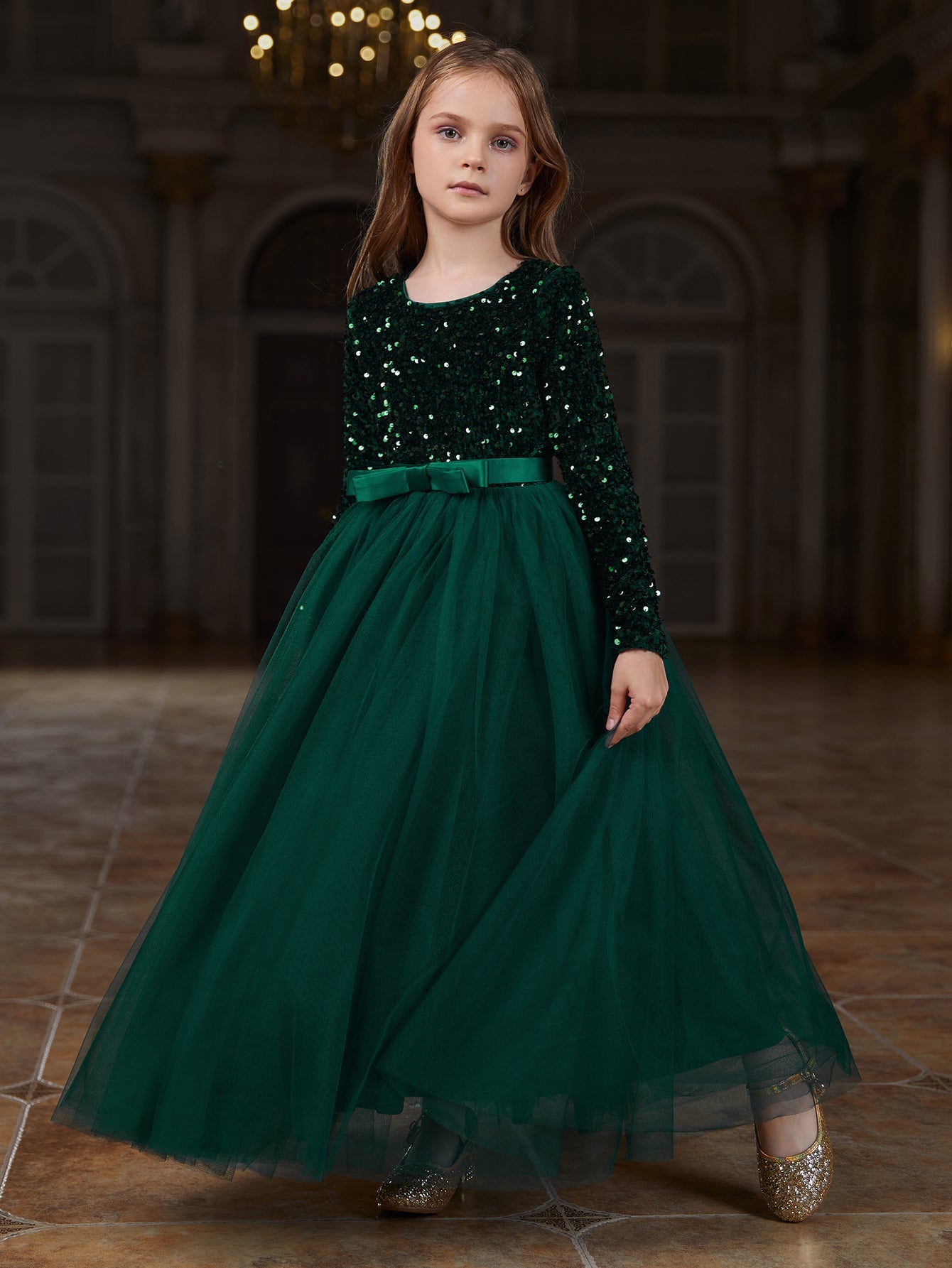 Tween Girls' Round Neck Long Sleeve Mesh Hem Party Dress Dark Green / 9Y Tween Girls' Round Neck Long Sleeve Mesh Hem Party Dress Dark Green / 9Y