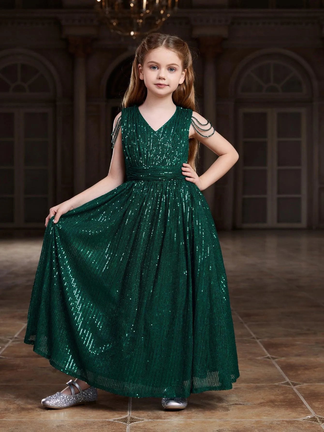 Tween Girls' V Neck Chain Detail Sequin Party Dress Dark Green / 11Y