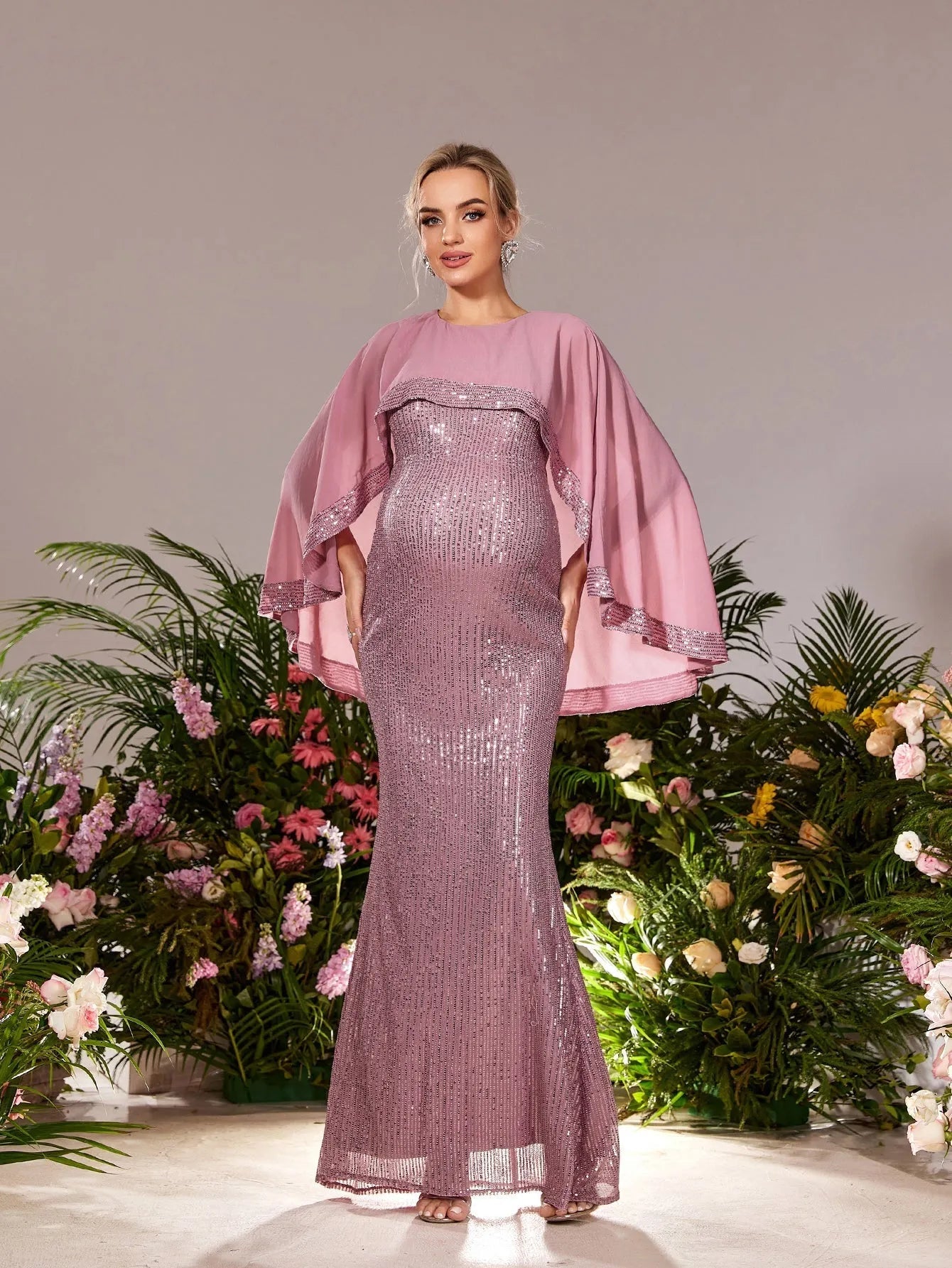 Maternity Round Neck Cape Sleeves Mermaid Hem Sequin Evening Dress Mauve / S