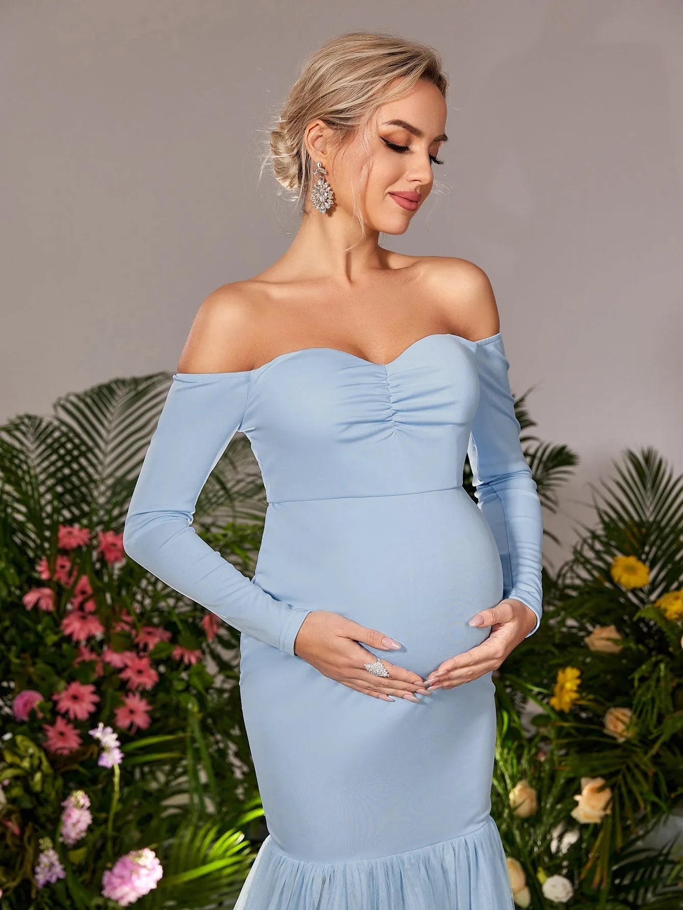 Maternity Off Shoulder Mesh Mermaid Hem Evening Dress Faeriesty Maternity Off Shoulder Mesh Mermaid Hem Evening Dress Faeriesty