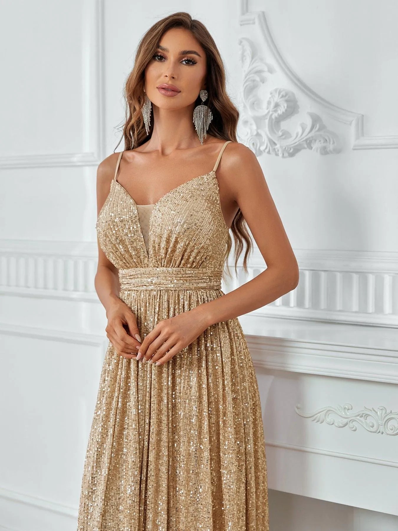 Elegant Plunging Neck A Line Sequin Slip Dress Champagne / Xs Elegant Plunging Neck A Line Sequin Slip Dress Champagne / Xs