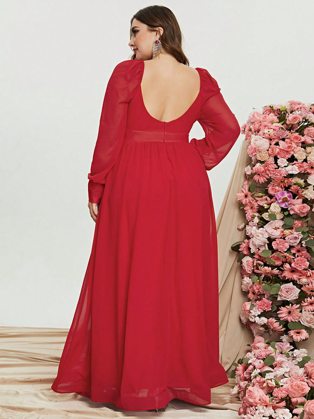 Plus Size Sweetheart Backless Long Sleeve Chiffon A line Dresses Red / 3XL Plus Size Sweetheart Backless Long Sleeve Chiffon A line Dresses Red / 3XL