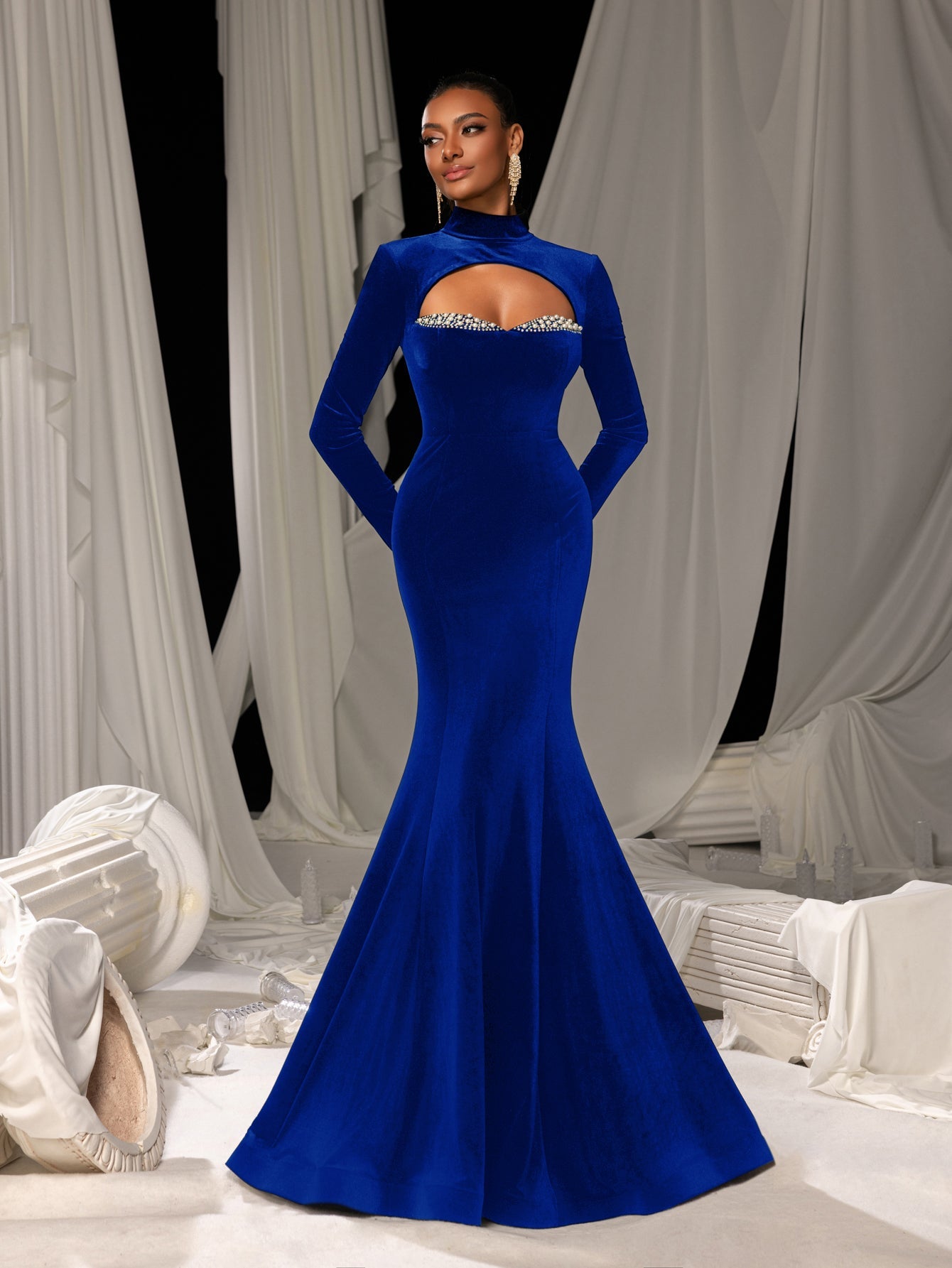 Elegant Velvet High-Neck Mermaid Gown with Chest Cutout, Rhinestone Accents & Floor-Length Train
