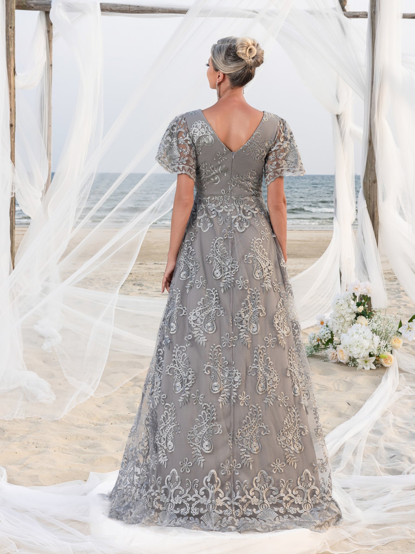 Womens' Elegant V-Neck Evening Gown with Delicate Lace & Silver Embroidery – Long Flowing Skirt for Seaside Weddings & Romantic Beach Events