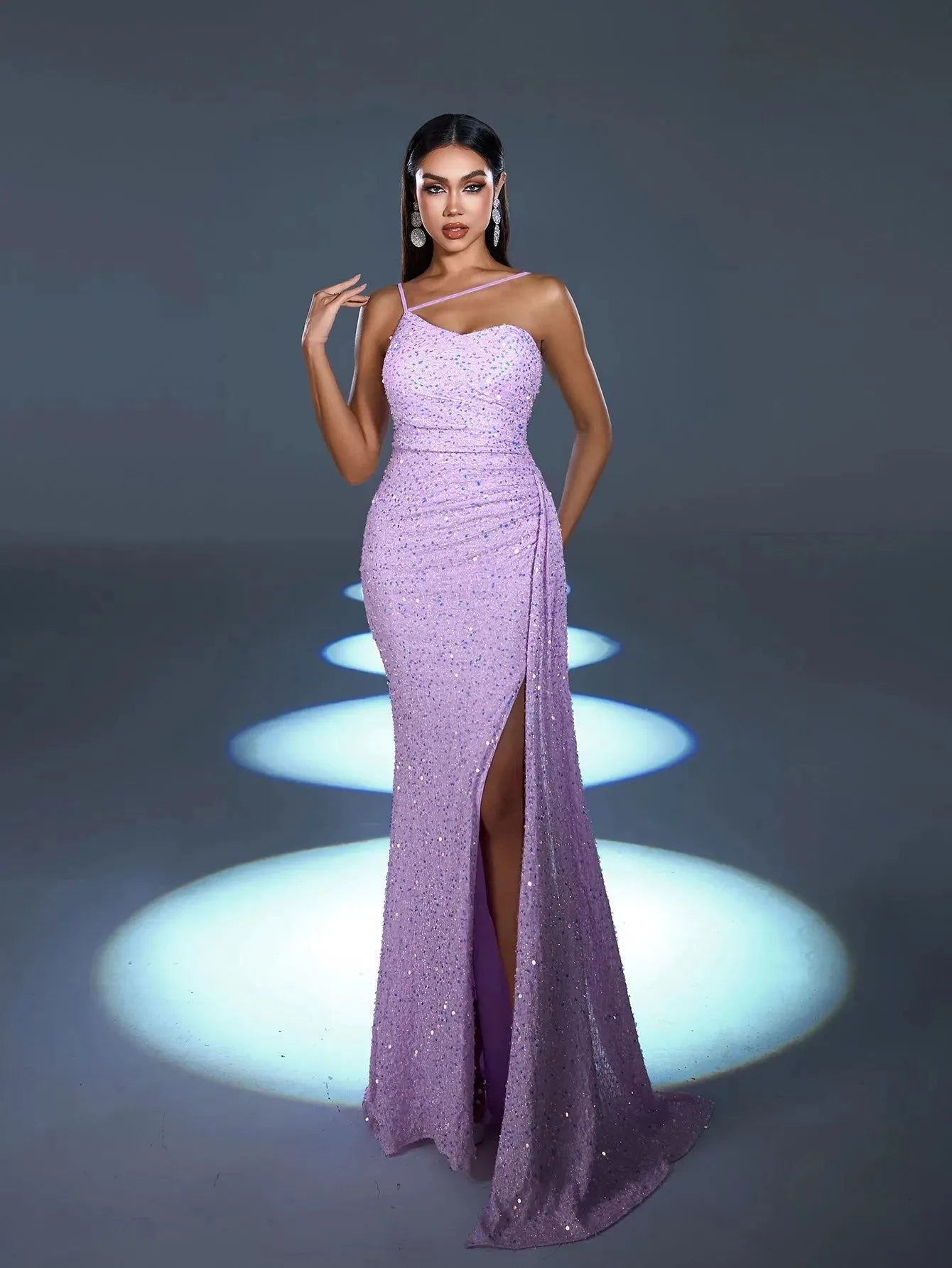 Elegant Asymmetrical Spaghetti Straps Split Thigh Sequin Party Dress, Champagne / S Elegant Asymmetrical Spaghetti Straps Split Thigh Sequin Party Dress, Champagne / S
