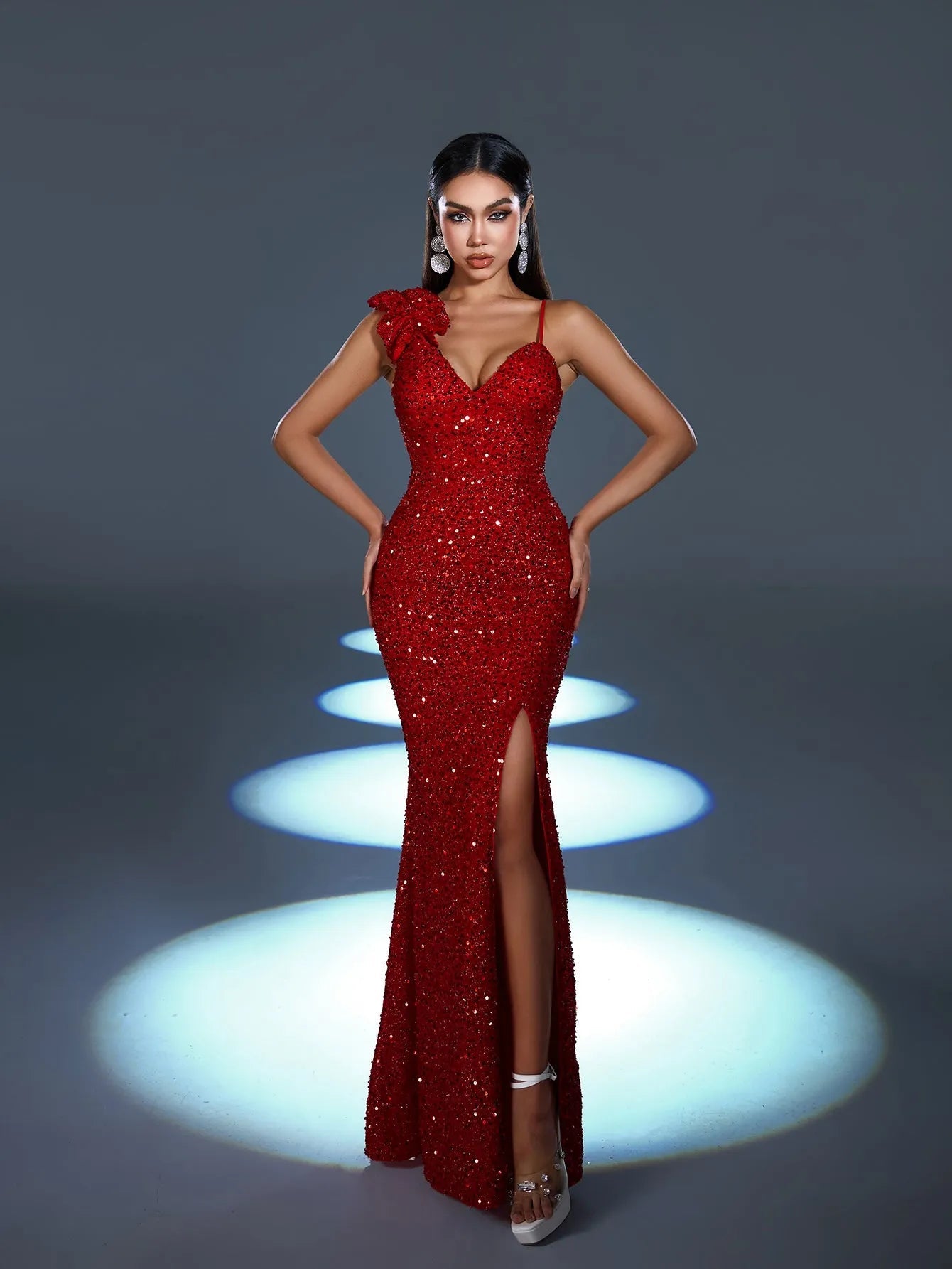 Elegant Asymmetrical Straps Split Mermaid Hem Sequin Evening Dress Champagne / L Elegant Asymmetrical Straps Split Mermaid Hem Sequin Evening Dress Champagne / L