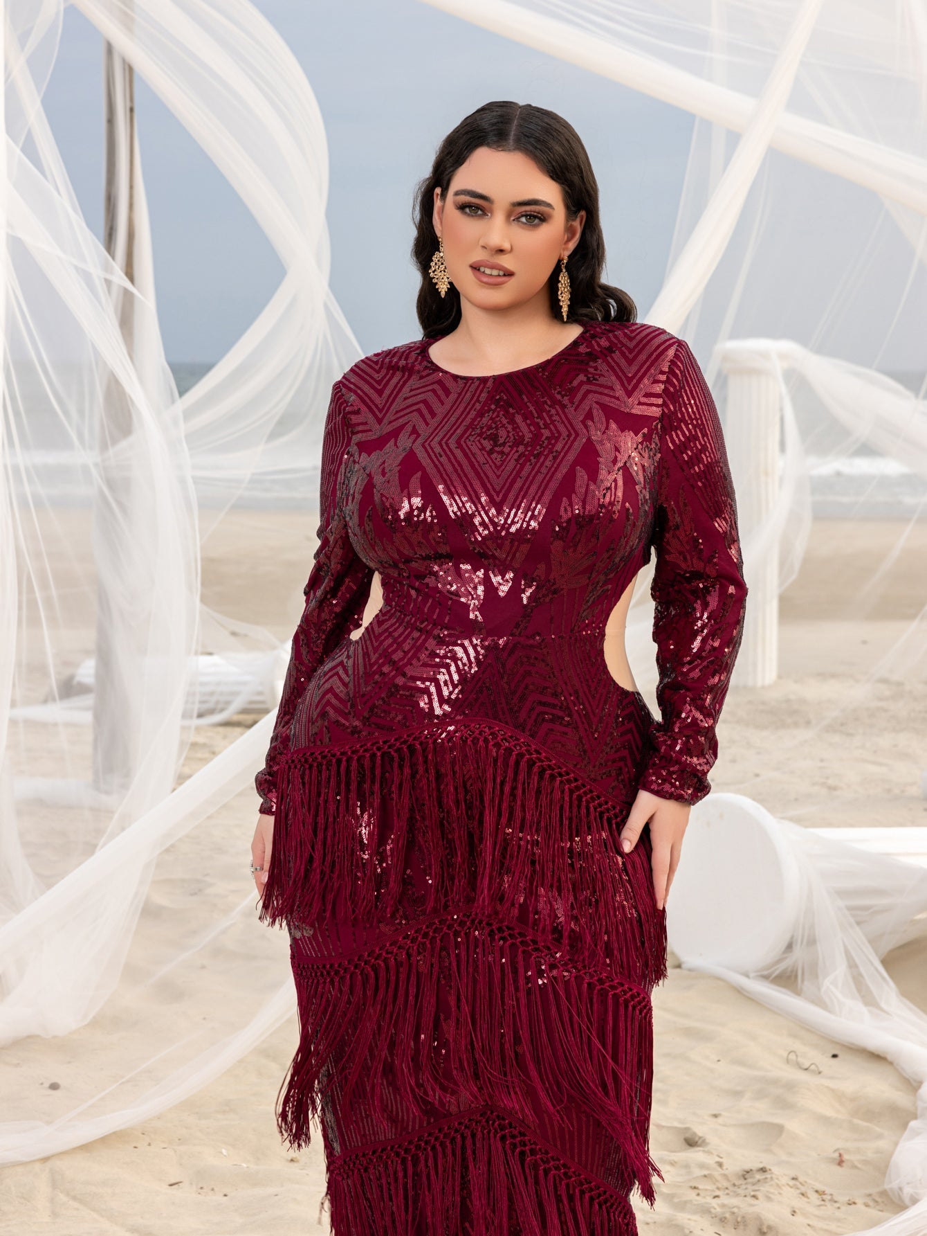 Plus Gorgeous Cut Out Waist Fringed Sequin Party Dress