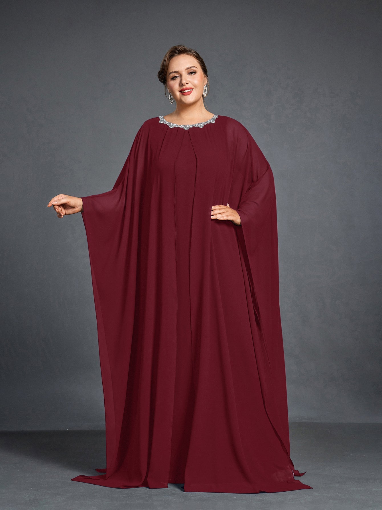 Plus Womens' Embellished Round -Neck Formal Dress with Sheer Chiffon Cape Sleeves