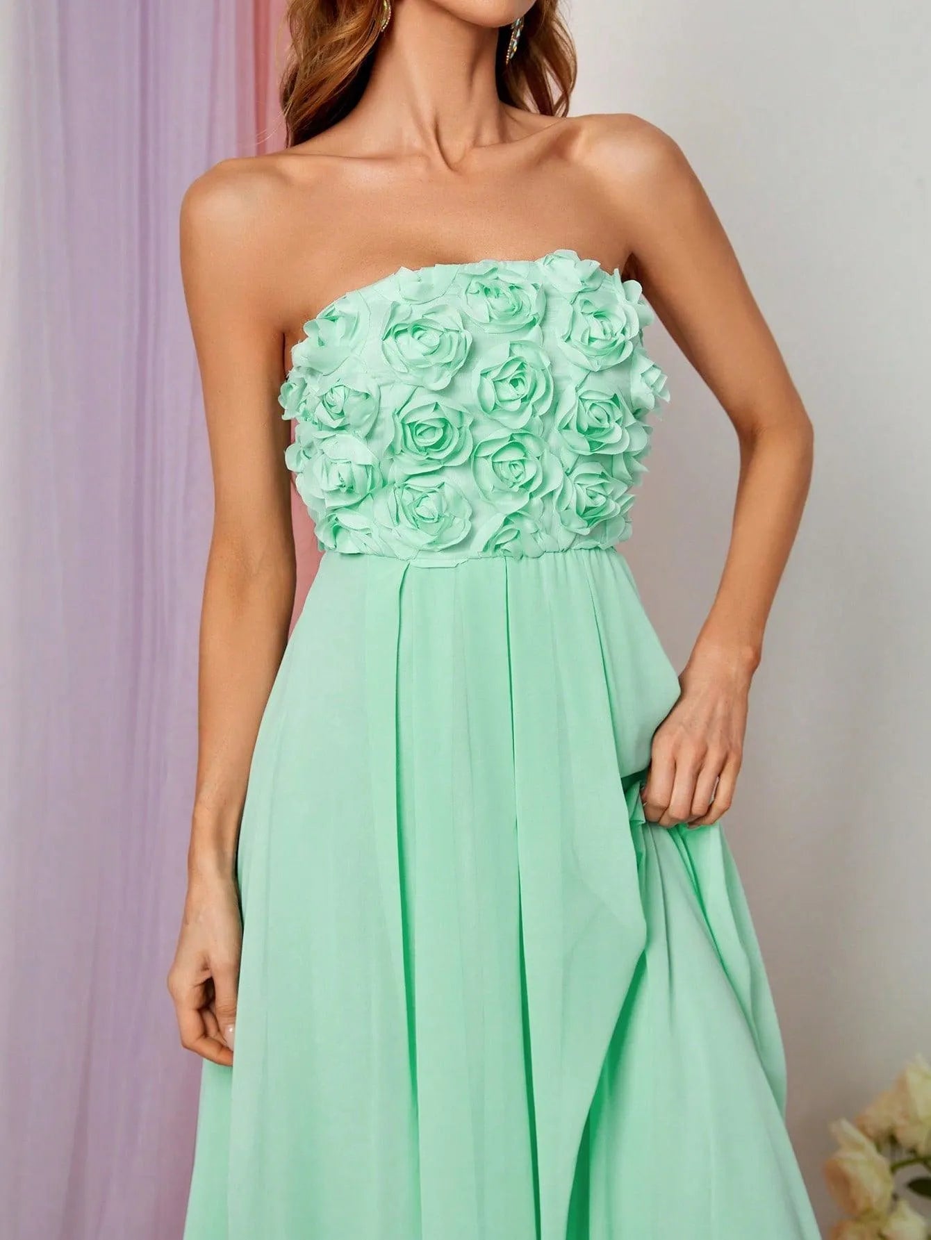 Elegant 3D Flower Chiffon Tube Bridesmaids Dress