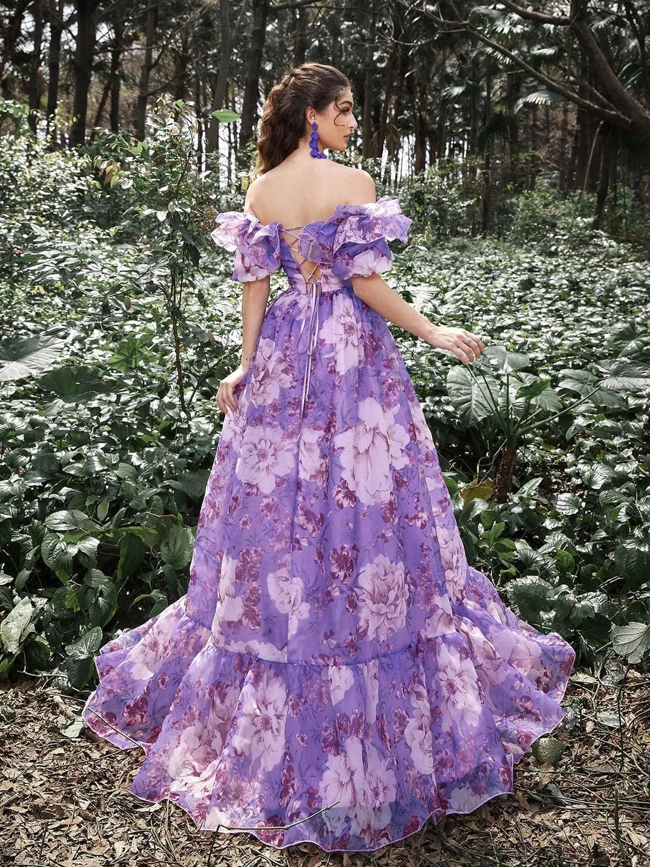 Elegant Ruffle Trim Off Shoulder Floral Organza Prom Dress Dark Green / XS Elegant Ruffle Trim Off Shoulder Floral Organza Prom Dress Dark Green / XS