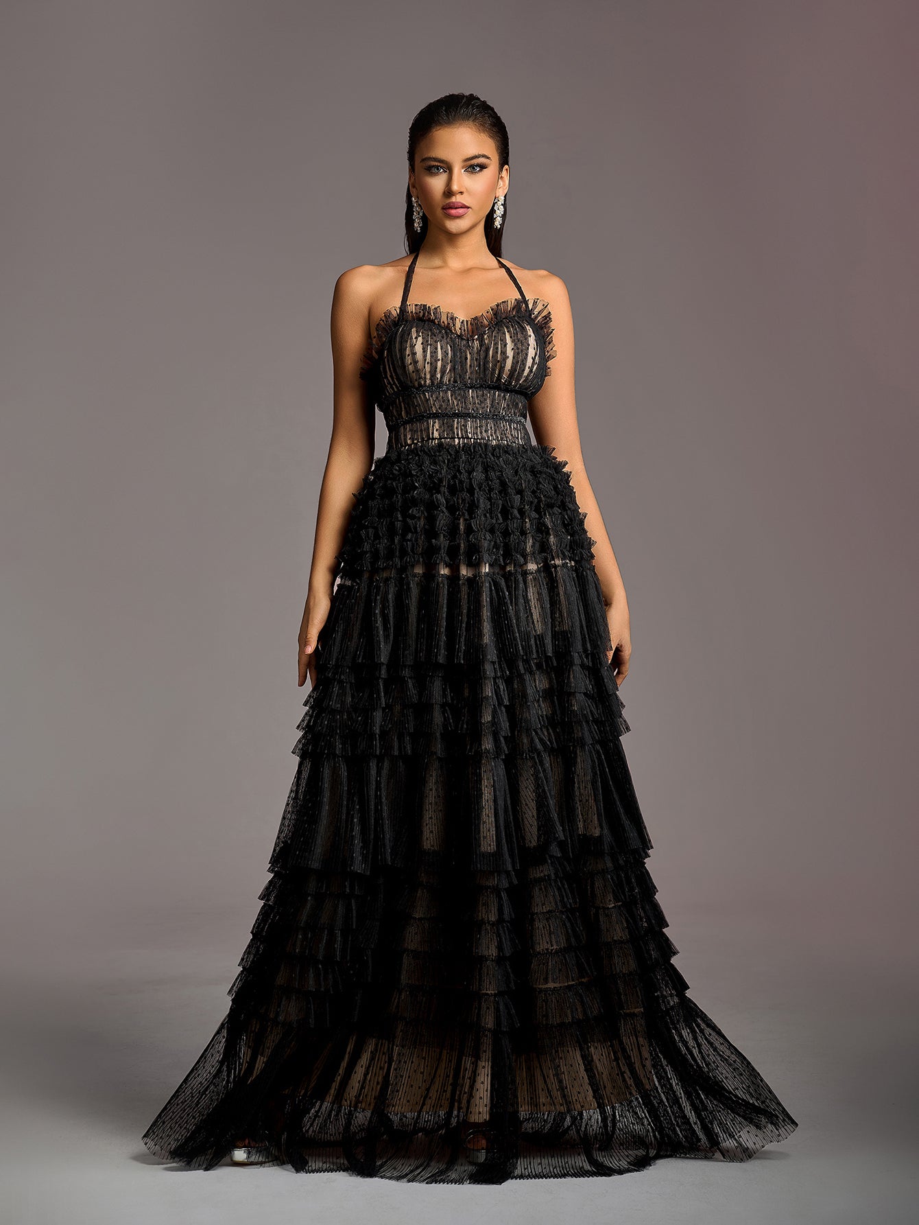 Gorgeous Halter Neck Lace-up Back Cascading Ruffle Hem Tulle Wedding Black / L Gorgeous Halter Neck Lace-up Back Cascading Ruffle Hem Tulle Wedding Black / L
