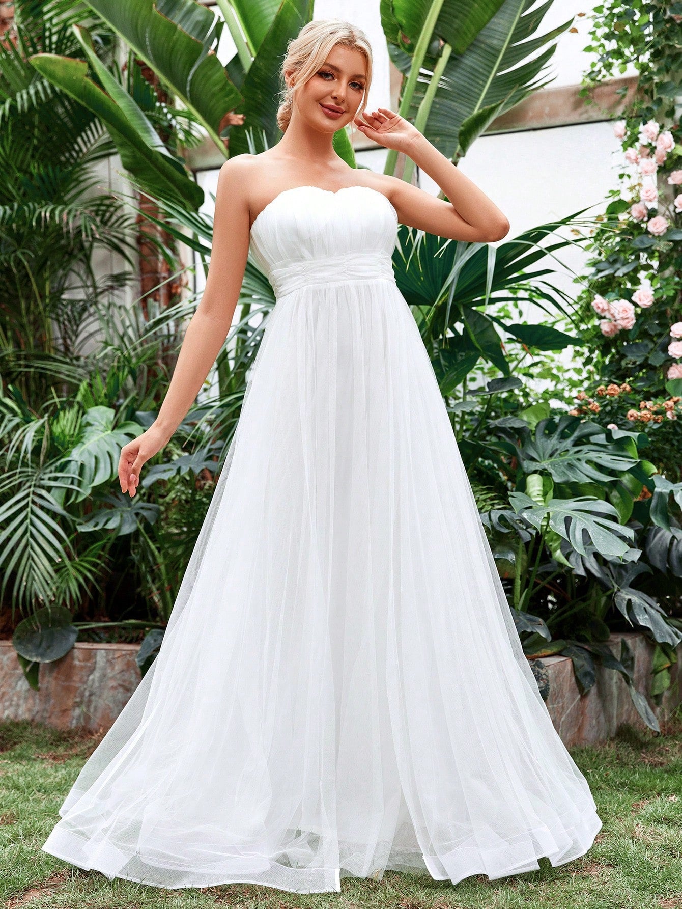 Ruched Waist Mesh Tube Wedding Dress White / Xs Ruched Waist Mesh Tube Wedding Dress White / Xs