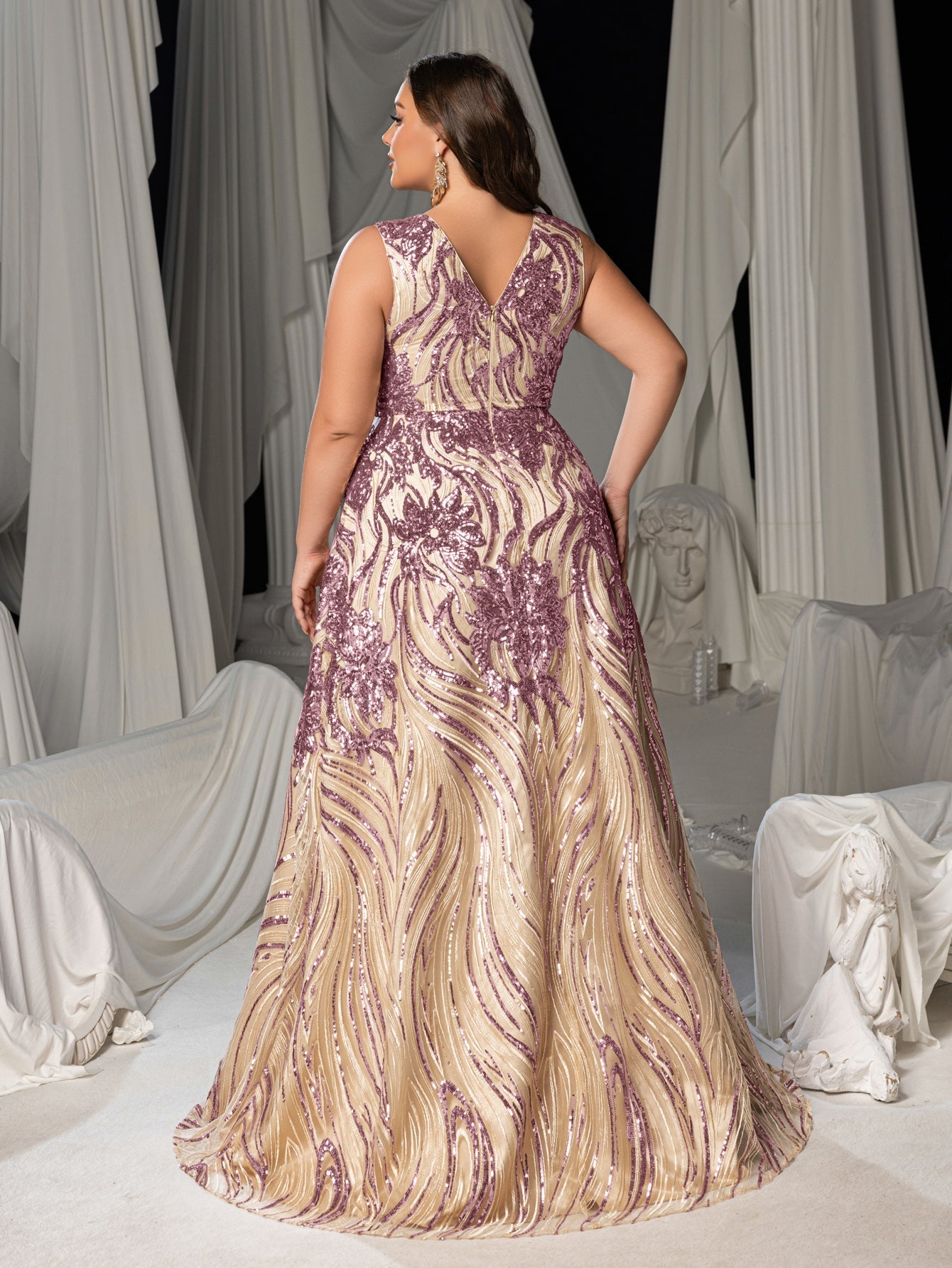 Plus Floral Sequin V Neck Sleeveless A-Line Formal Dress