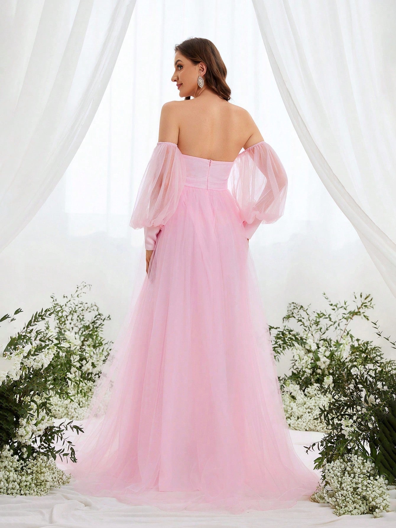Maternity Off-Shoulder Evening Gown with Puff Sleeves Flowy Tulle D Pink / L Maternity Off-Shoulder Evening Gown with Puff Sleeves Flowy Tulle D Pink / L