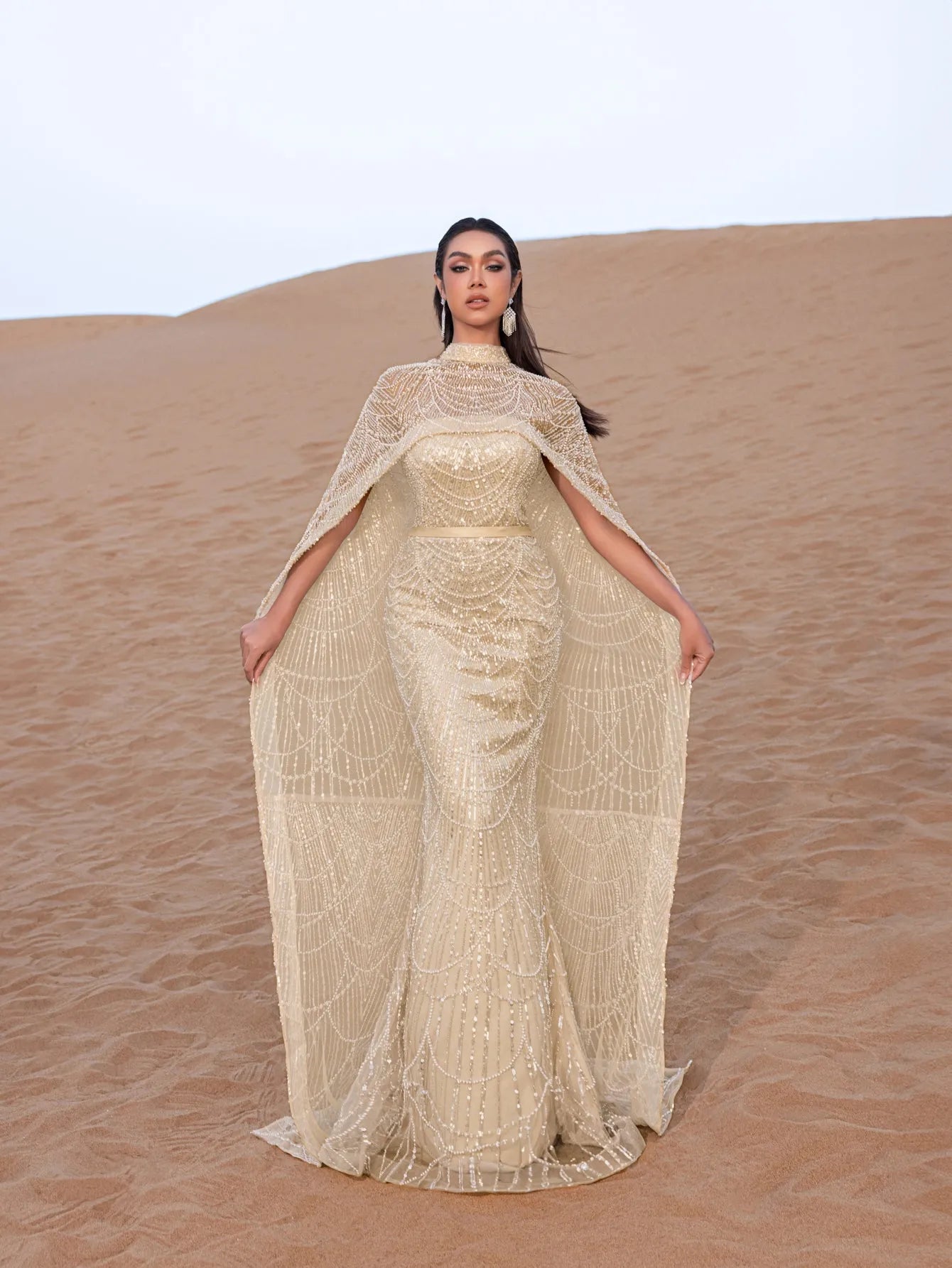 glitter cape dress Elizabeth K GL3047 Fitted Glitter Cape Sleeve Gown