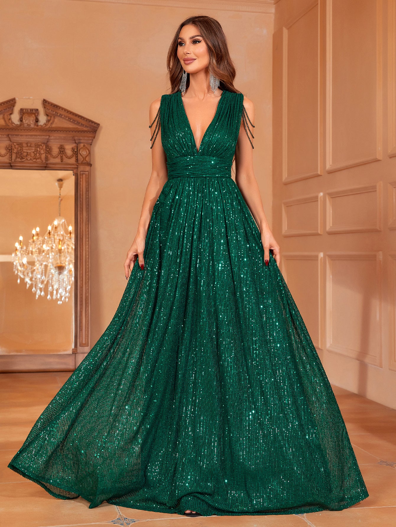 Chain Detail Plunging Neck Sequin A Line Dress Dark Green / M Chain Detail Plunging Neck Sequin A Line Dress Dark Green / M